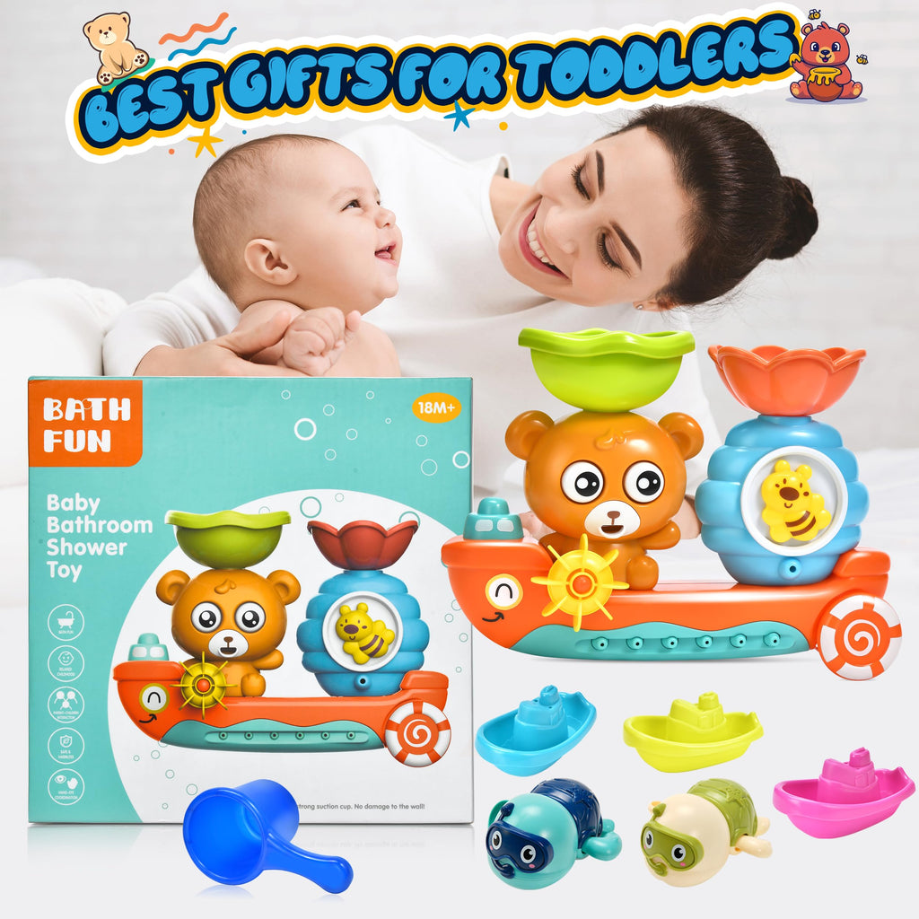 Baby Bath Toys Toddlers 1-3 Bear Kids Bath Tub Toys with 2 Turtle Swimming Wind up Water Toys & 3 Floating Boat Bathtub Toys for Infants Boys Girls 18+ Months Gifts Box Set