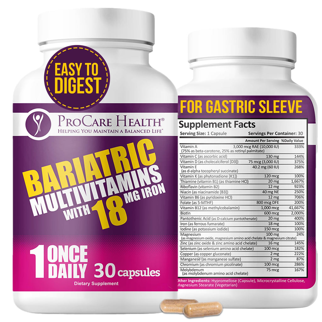 ProCare Health Bariatric Multivitamin with Iron 18mg (30 Easy to Swallow Capsules) - Post Op Bariatric Vitamins for Gastric Bypass Pills - Must Haves for Sleeve Patients (1 Month Supply)
