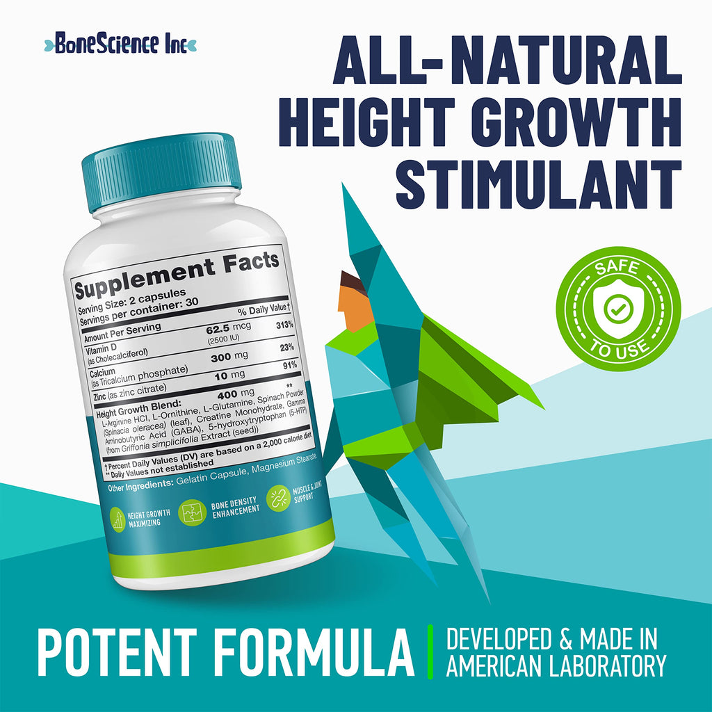 BoneScience Inc Height Growth Maximizer - Growth Optimization Supplement for Teens & Young Adults – Bone & Development Support with Calcium, Vitamin D3, Zinc & Amino Acids – 2 Pack (60 Count Each)