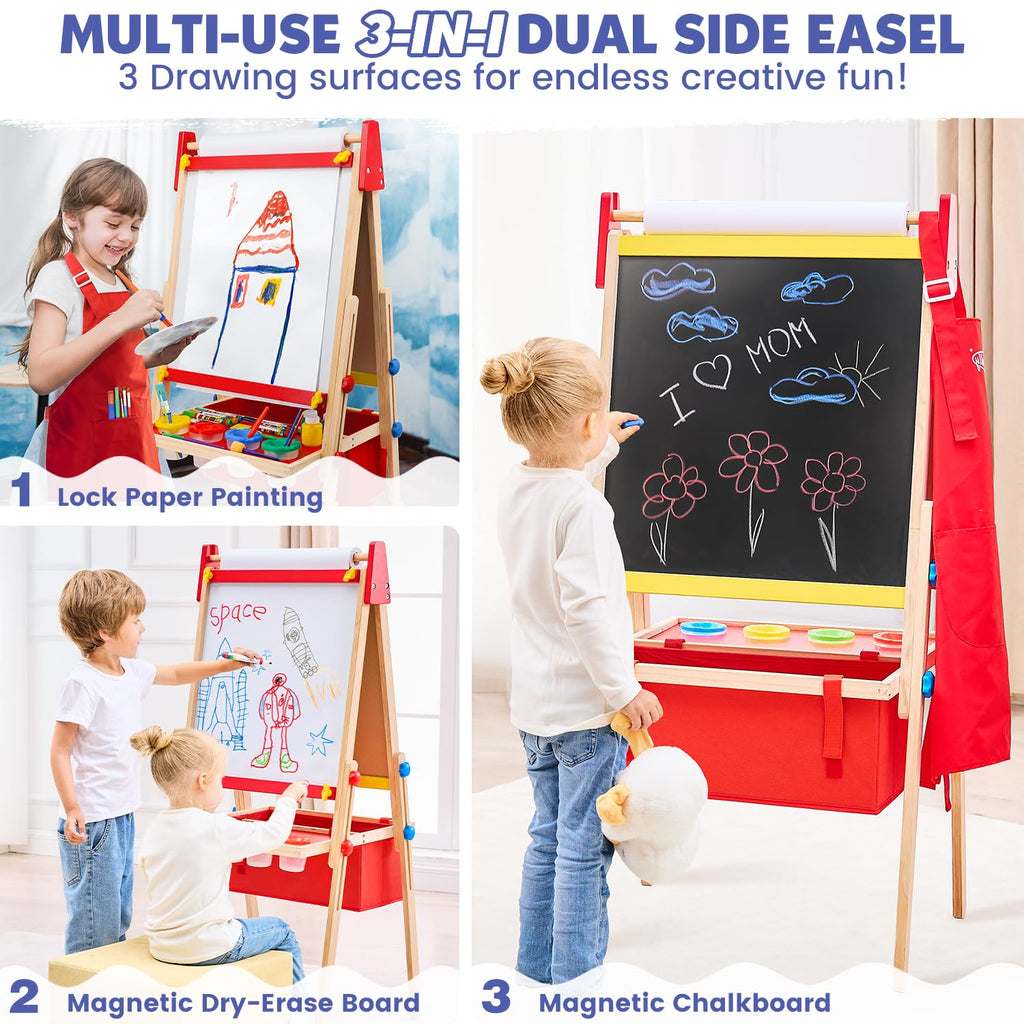 Art Easel for Toddlers Kids, Adjustable Standing Art Easel with Magnetic Chalkboard & Whiteboard, Dry-Erase Board, Paper Roll, Drawing & Painting Easel for Kids Ages 3 4-8 9-12, Red w/Bag