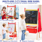 Art Easel for Toddlers Kids, Adjustable Standing Art Easel with Magnetic Chalkboard & Whiteboard, Dry-Erase Board, Paper Roll, Drawing & Painting Easel for Kids Ages 3 4-8 9-12, Red w/Bag