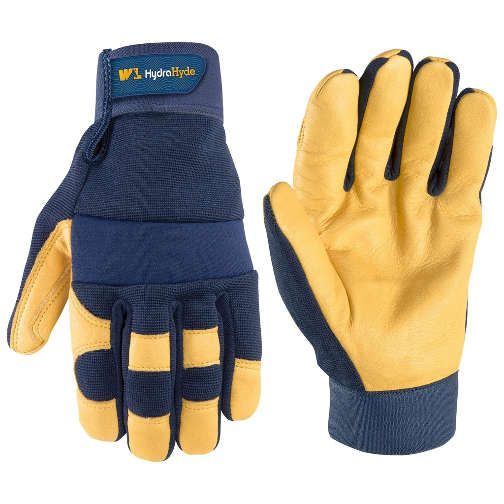 Wells Lamont Men's Leather Palm Work Gloves – HydraHyde Water-Resistant Leather, Flexible Spandex Back, Adjustable Closure – Ideal for Construction, Landscaping, DIY Projects – Blue, X-Large (3207XL)