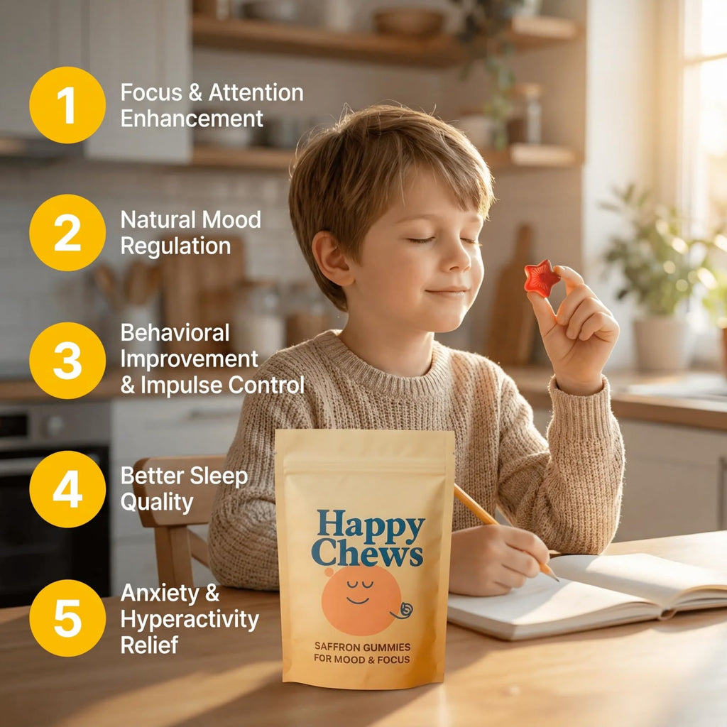 Happy Chews Saffron Gummies for Kids | Supports Mood, Calm & Focus | Saffron Extract, Passionflower, St. John’s Wort & GABA | Sugar-Free, Gluten-Free, Vegan, Non-GMO (60 Gummies)