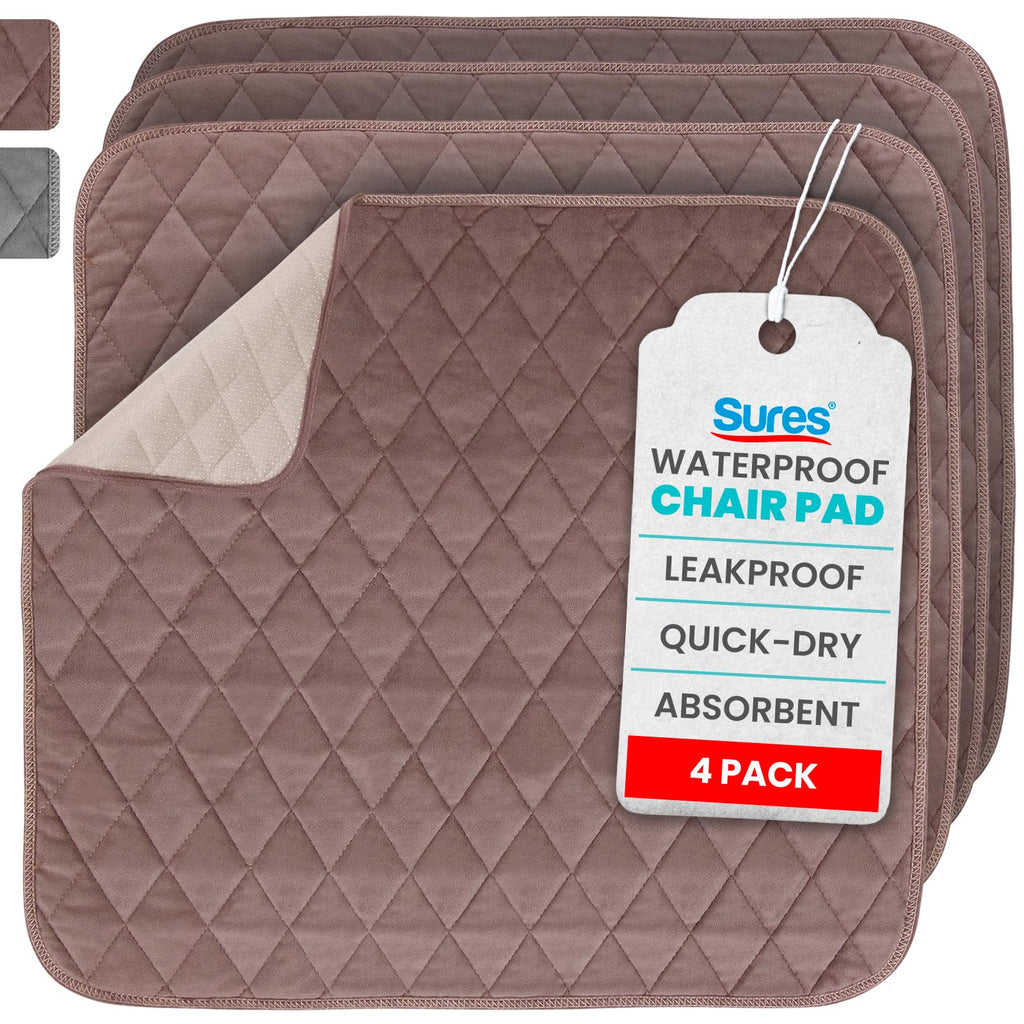 Sures Waterproof Chair Pads for Incontinence (22" x 21") - Washable, Waterproof Seat Protector - Chair Protector Seat Cover - Absorbent Pad for Bed, Seat, Car, Wheelchair & Recliner (Brown, 4 Pack)