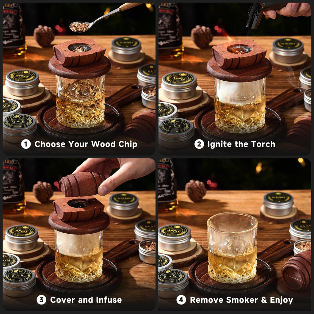 ComboJoy Whiskey Smoker Kit with Torch - 6 Flavors Wood Chips, 2 Glasses, 2 Ice Ball Molds - Cocktail Smoker Infuser Kit, Old Fashioned Drink Smoker Kit, Birthday Bourbon Gifts for Men,Dad(NO Butane)