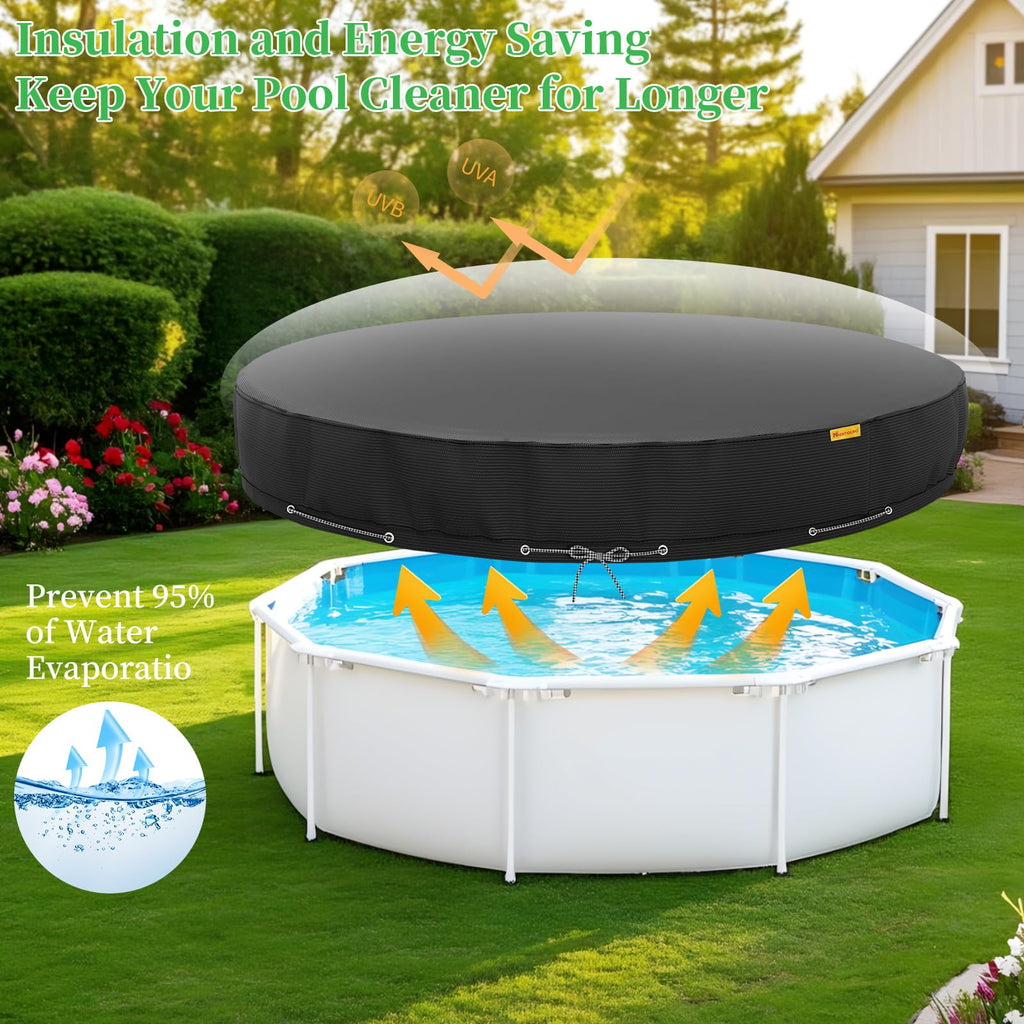 HIGHTQURO 15Ft Round Pool Cover,Heavy Duty Waterproof Round Pool Covers for Above Ground Pools with Ground Nails and Windproof Ropes,Increase Stability&Tear-Resistant, Waterproof and Dustproof, Black