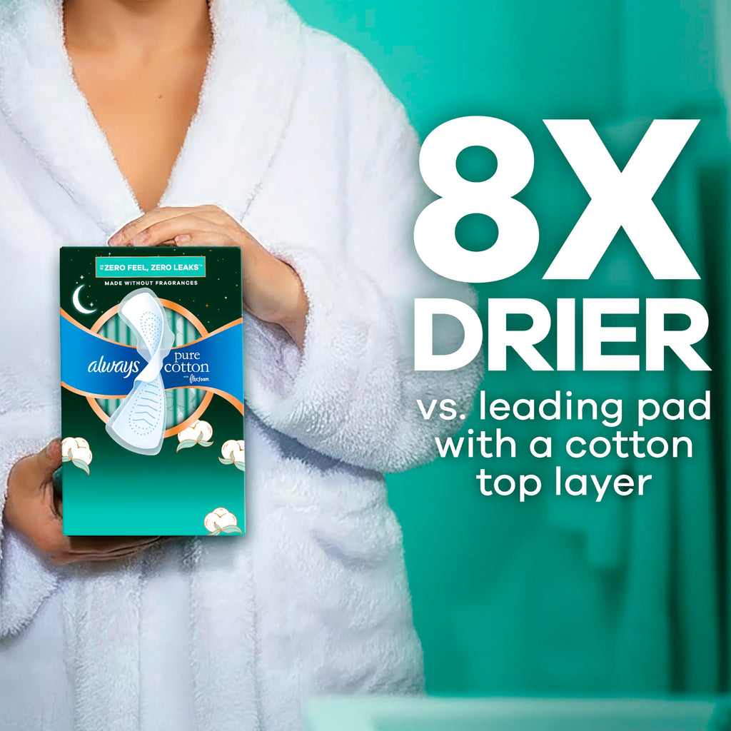 Always Pure Cotton Feminine Pads for Women, FlexFoam Pads with Wings, Size 5, Extra Heavy Overnight Absorbency, Unscented, 54 Count (3 Packs of 18)