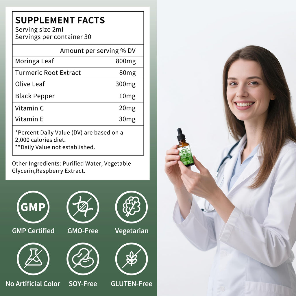 3 Pack（6 Fl Oz） Moringa Liquid Drops 800 mg for Women- with Moringa Oleifera Leaf Extract, Turmeric Root Extract, Olive Leaf, Black Pepper, Vitamin C & E，Antioxidant, Energy and Immunity Support.