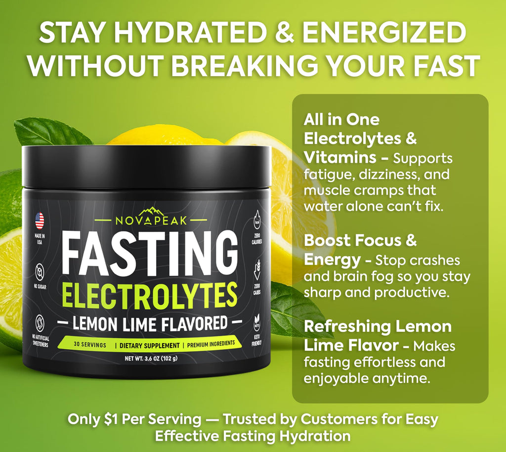 NovaPeak Fasting Electrolytes - Fast Hydration & Fasting Salts - Electrolytes for Fasting - Fasting Supplement - 30 Servings, Lemon Lime