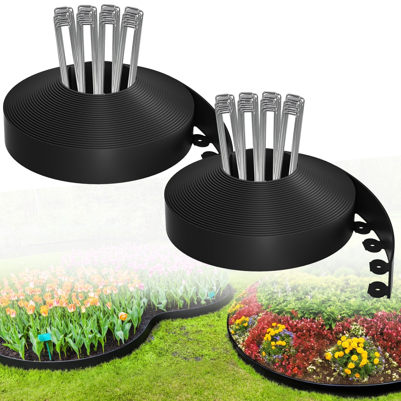 Bonviee 100FT Landscape Edging Kit, 1.5”No-Dig Garden Edging Border with 150 Stainless Steel Stakes, 2 x 50FT Flexible Lawn Edging for Flower Beds, Yard, Tree Rings & Landscaping