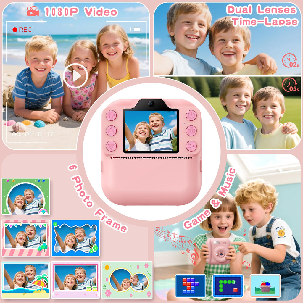 Kids Instant Camera with 64GB SD Card, Portable Digital Camera Toy for Girls and Boys Ages 3-12, Toddler Christmas and Birthday Gift for 3 4 5 6 7 8 9 10 Year Old Kids (Blue) (Pink)