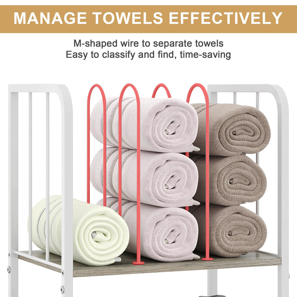 Towel Rack Free Standing 3-Tier M-Shaped Detachable Dividers, Durable Metal Holder, Pool Towel Rack, Space-Saving Towel Storage Organizer, Modern Bath Towel Shelf for Home, Poolside, White
