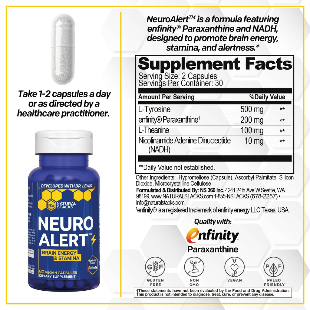 NATURAL STACKS NeuroAlert - 200mg Paraxanthine Energy Supplement - Caffeine Free Focus w/ 500mg L-Tyrosine & 100mg L-Theanine - 10mg NADH for Cellular Energy Support - 60 Paraxanthine Capsules