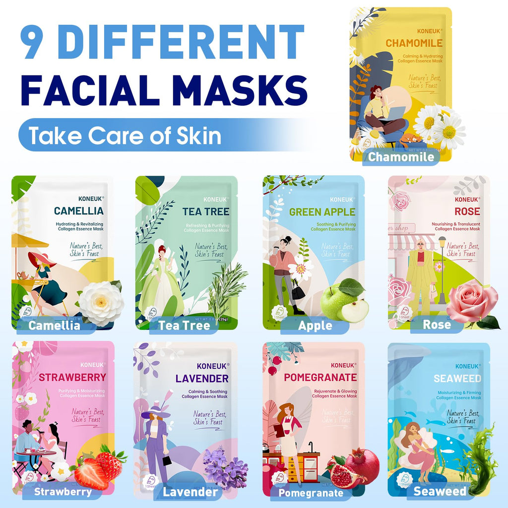 54 Pack Bulk Sheet Face Masks Skincare, Hydrating and Moisturizing Face Mask for All Skin Types, Collagen Facial Masks for Skin Care, Easter Basket Stuffers, Mothers Day Gifts (9 Types x 6 Pcs)