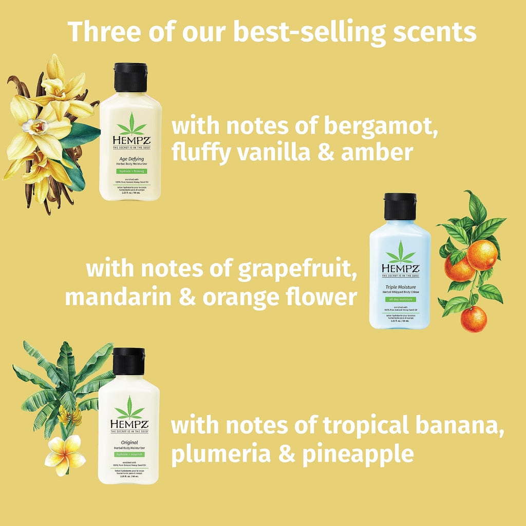 Hempz Healthy Hydration Triple Moisture, Age Defying, & Original (2.25 Oz, 3-Pack) Body Moisturizing Lotion Gift Set – Mini Scented Travel Cream Skin Care for Women & Men, Made with Shea Butter