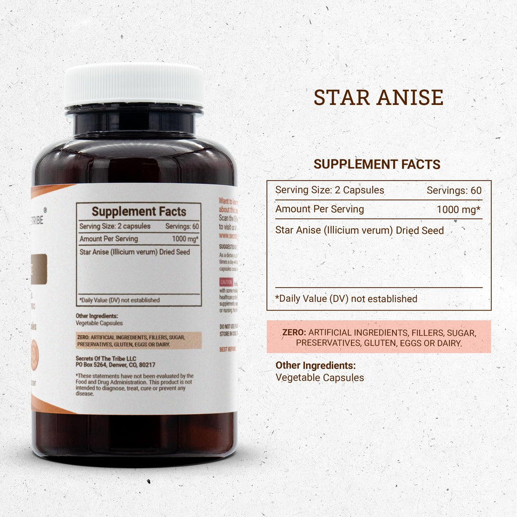 Secrets of the Tribe Star Anise Capsules, 1000 mg, Star Anise (Illicium verum) Dried Seed (120 Count)