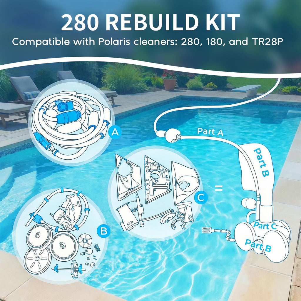 Upgraded Pool Cleaner Rebuild Repair Replacement Fit for Polaris Zo-diac Automatic 280 TR28P with Wheel, Tire, Drive Shaft, Turbine Bearing, All Purpoe Bag, Sweep Hose, Wheel Bearing, Tailsweep Pro