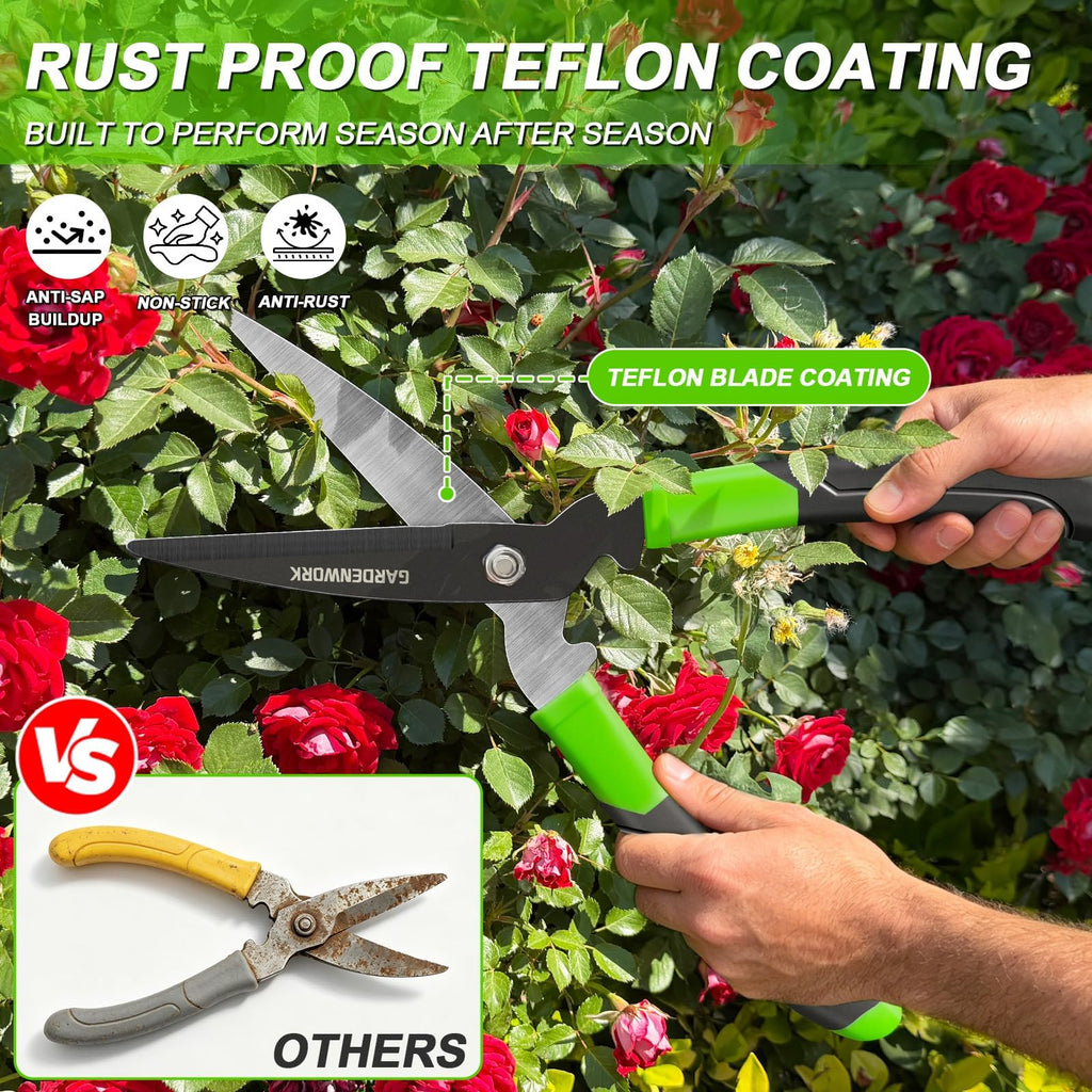 GARDENWORK Hedge Clippers Shears with Teflon Coated&Carbon Steel Blades