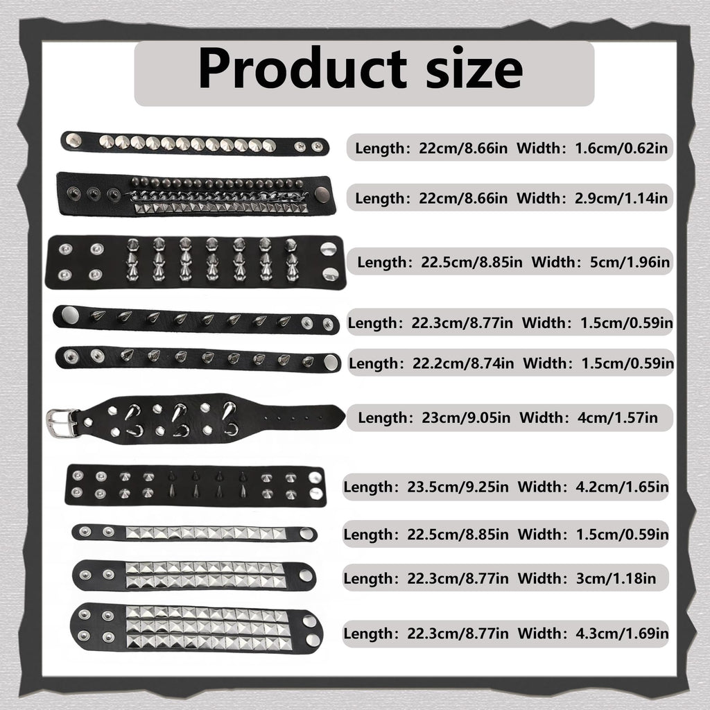 10 Pieces Studded Bracelet, Emo Spiked Bracelets Y2k Black Leather Rivet Punk Bracelet Rock Cuff Goth Bracelets Punk Accessories Halloween for Men Women