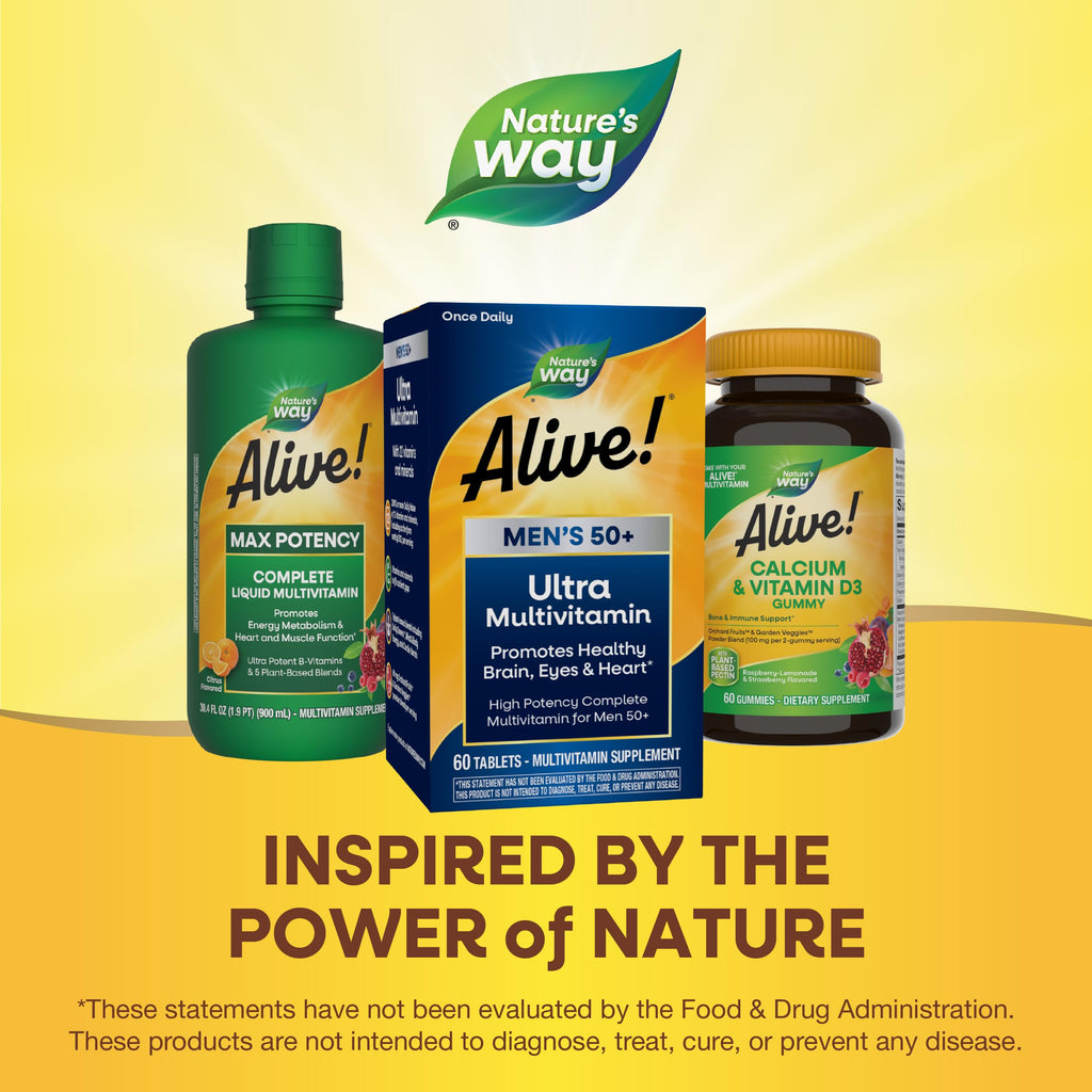 Nature's Way Alive! Men’s 50+ Daily Ultra Multivitamin, High Potency Formula, Supports Healthy Brain, Eyes & Heart*, with Methylated B12, Gluten-Free, 60 Tablets (Packaging May Vary)