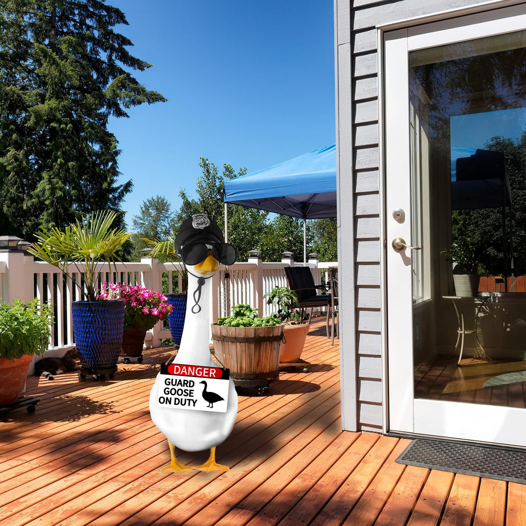 CAMDUCK 3 Pcs Porch Goose Accessories Porch Goose Sign Goose Police Hat Eyeglasses Wooden Gooses Warning Sign Danger Guard Geese on Duty Warning Sign Geese Outfits Decor for Yard Porch Lawn