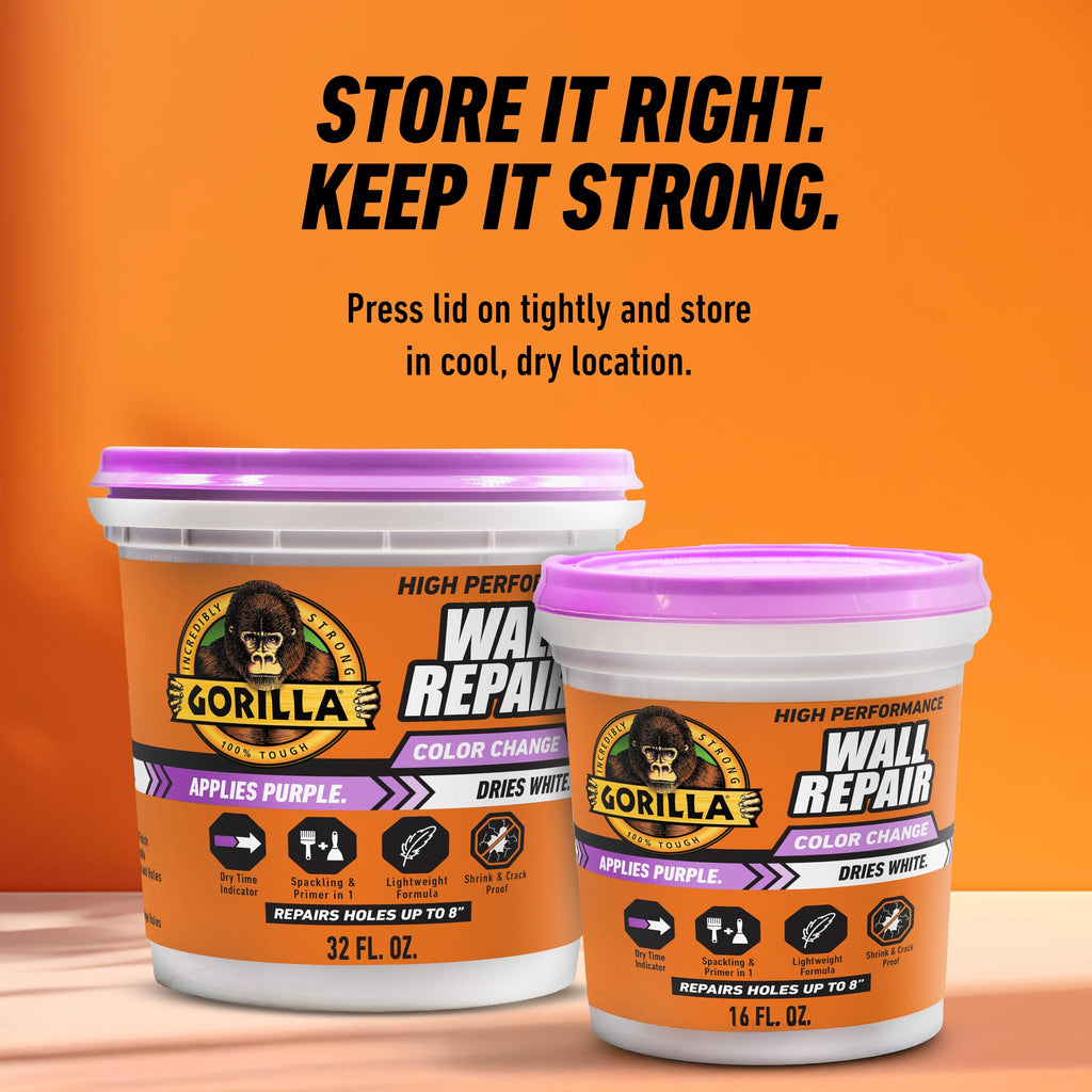 Gorilla High Performance Wall Repair Color Change, 16 Ounce Tub, Applies Purple, Dries White – Spackling & Primer in One, Shrink & Crack Resistant