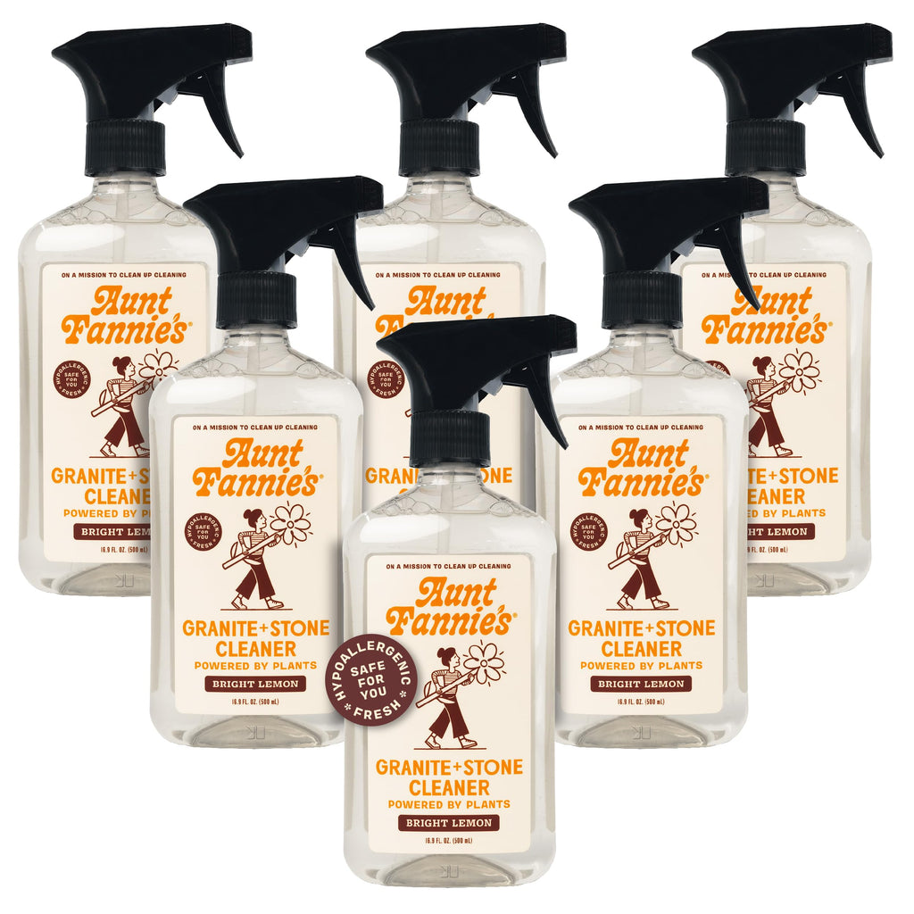Aunt Fannie's Granite and Stone Cleaner, Plant Based Daily Countertop Spray for Marble, Soapstone, Quartz, Slate, Laminate, and other Sealed Stone, Bright Lemon Scent, Pack of 6