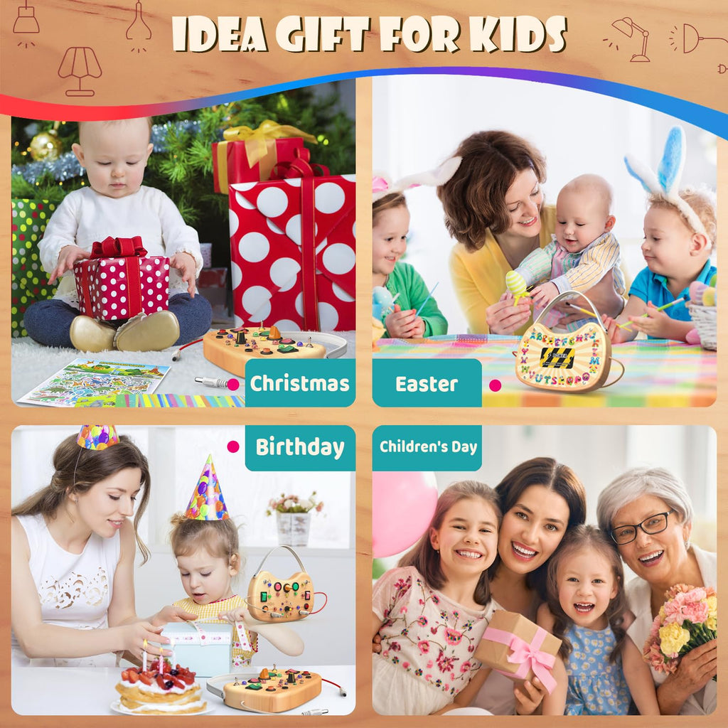 UdoUto Montessori Wooden Busy Board for Toddlers with LED Lights & Switches