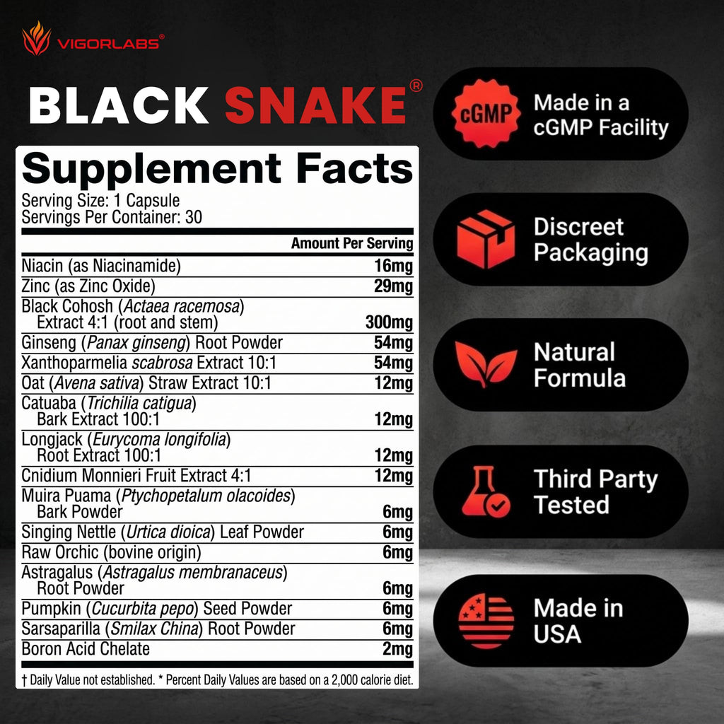 Vigor Labs Black Snake Male Enhancement Capsules (30 Capsules), Boosts Blood Flow, Size and Hardness. Powerful Proprietary Blend of Natural Ingredients. Made in The USA