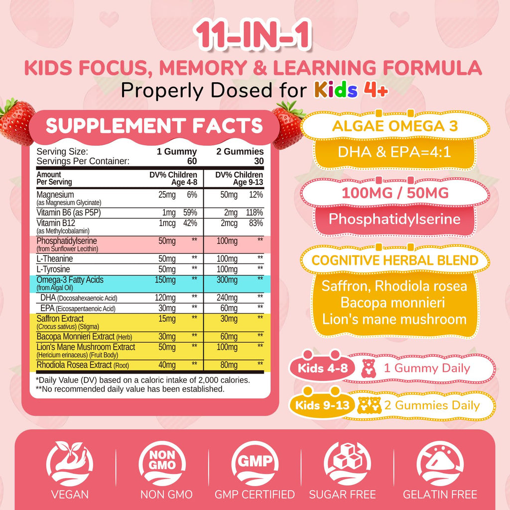NATISLAND Focus Gummies for Kids, Brain Supplements with Phosphatidylserine, Omega-3 & Saffron, for Kids Memory, Focus & Attention Support, Sugar Free, Vegan, Strawberry Flavor, 60 Chewable