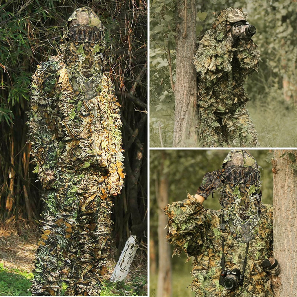 Ghillie Suit Camouflage Hunting Suits Outdoor 3D Leaf Lifelike Camo Clothing Lightweight Breathable Hooded Apparel Suit, Hunting Gloves, Leafy Face Mask and Bag for Jungle Shooting Halloween…