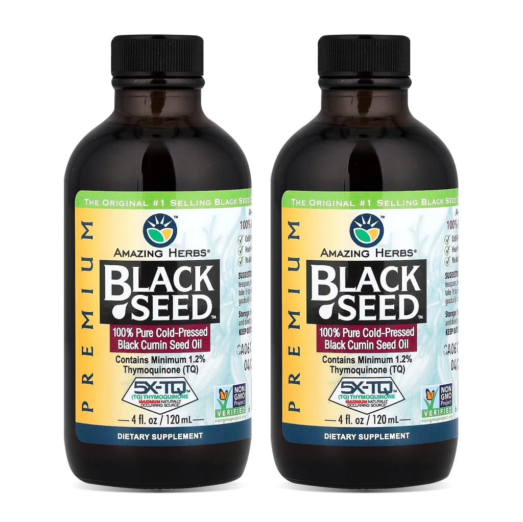 Amazing Herbs Premium Black Seed Oil - Gluten Free, Non GMO, Cold Pressed Nigella Sativa Aids in Digestive Health, Immune Support, Brain Function, Joint Mobility - 4 Fl Oz (Pack of 2)