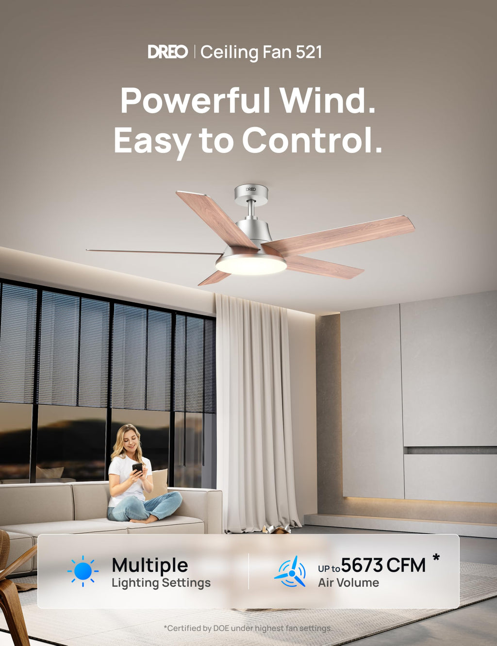 DREO Smart Ceiling Fan with Lights, 52 Inch, 12 Speeds & 3 Fan Modes, Stepless Color Tones, Dimmable LED Light, 12H Timer, Quiet DC Motor, Remote/APP/Alexa Control, Silver Ceiling Fans Indoor