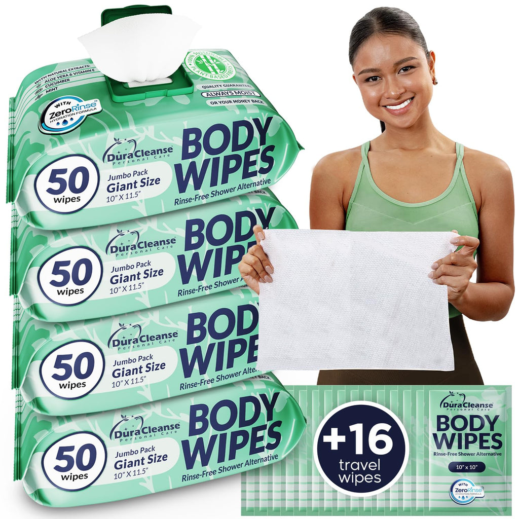 Body Wipes for Women, Extra Moist No Rinse Bathing Sheets 4pk, 200 XL Shower Cloths + 16 Deodorizing Bath Wipes -10 x 11.5" Travel Size Essentials,Toiletries for Womens Hygiene & Post Workout Cleanup