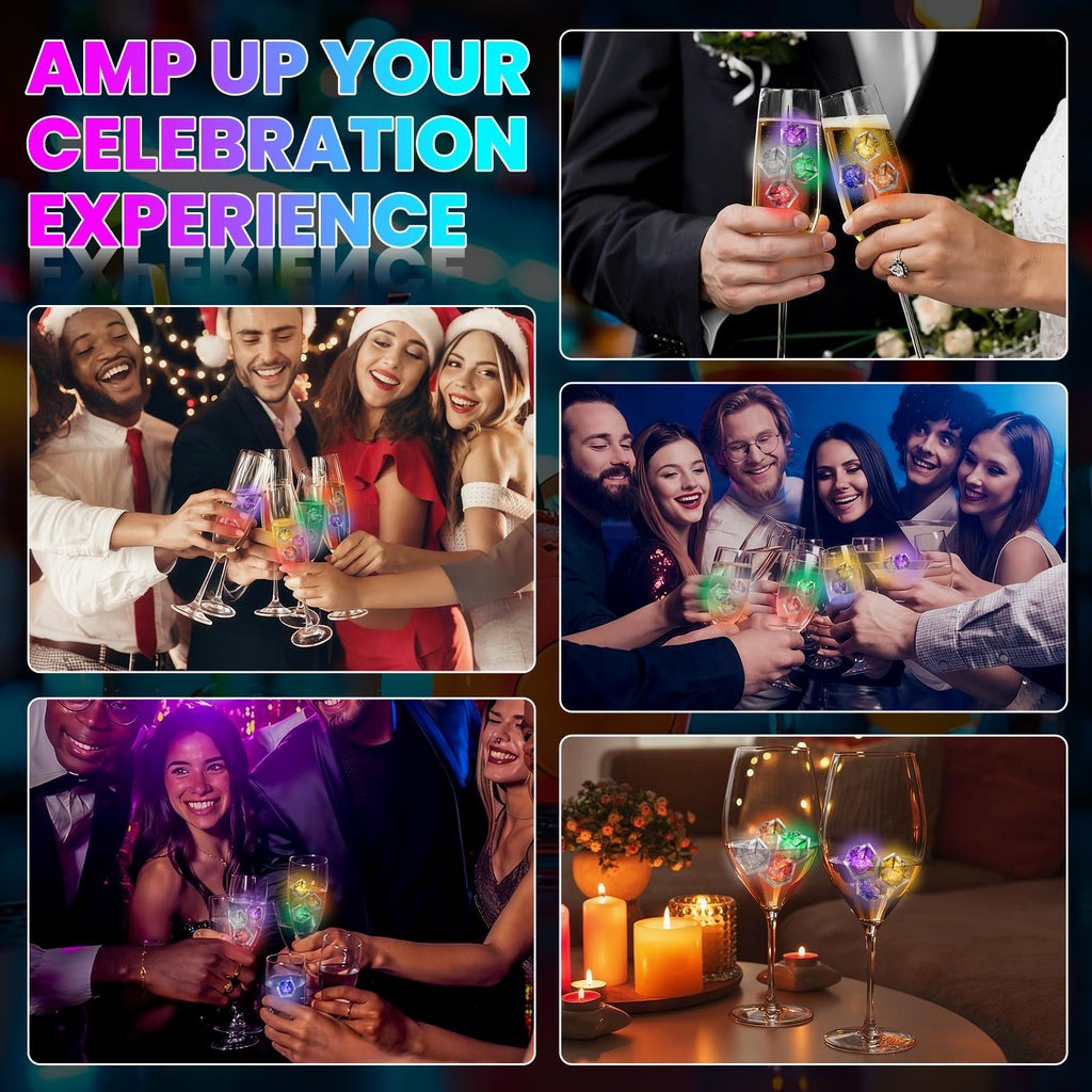 Light Up Ice Cubes, 32 Pack Multi Color Led Ice Cubes for Drinks IP67 Waterproof Reusable Glowing Flashing Changing Lights Water Activated Drink Lights for Cocktails Christmas Party Bar Wedding
