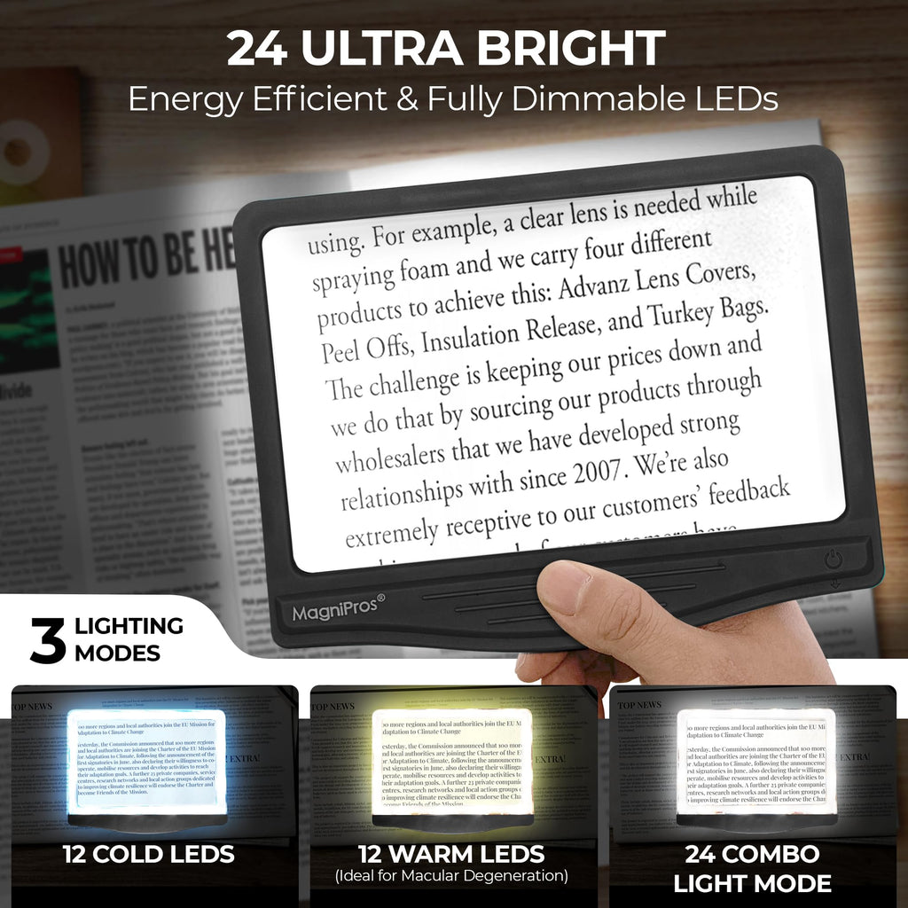 MAGNIPROS 5X Large LED Page Magnifier for Reading Magnifying Glass Reader with 3 Color Lighting Modes & Anti-Glare Lens to Reduce Eye Strain-Perfect for Fine Print, Aging Eyes, Low Vision and Seniors
