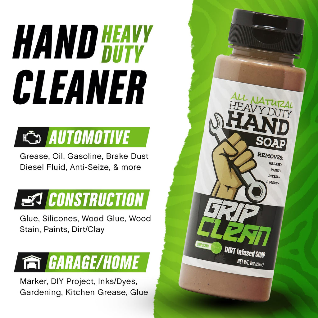 Grip Clean Heavy-Duty Hand Cleaner for Mechanics with Nail Brush - Moisturizing Coconut Oil Hand Cleaner Liquid Hand Soap with Stiff Bristle Nail Brush, Lime Scent – 8 Fl Oz Squeeze Bottle + Brush