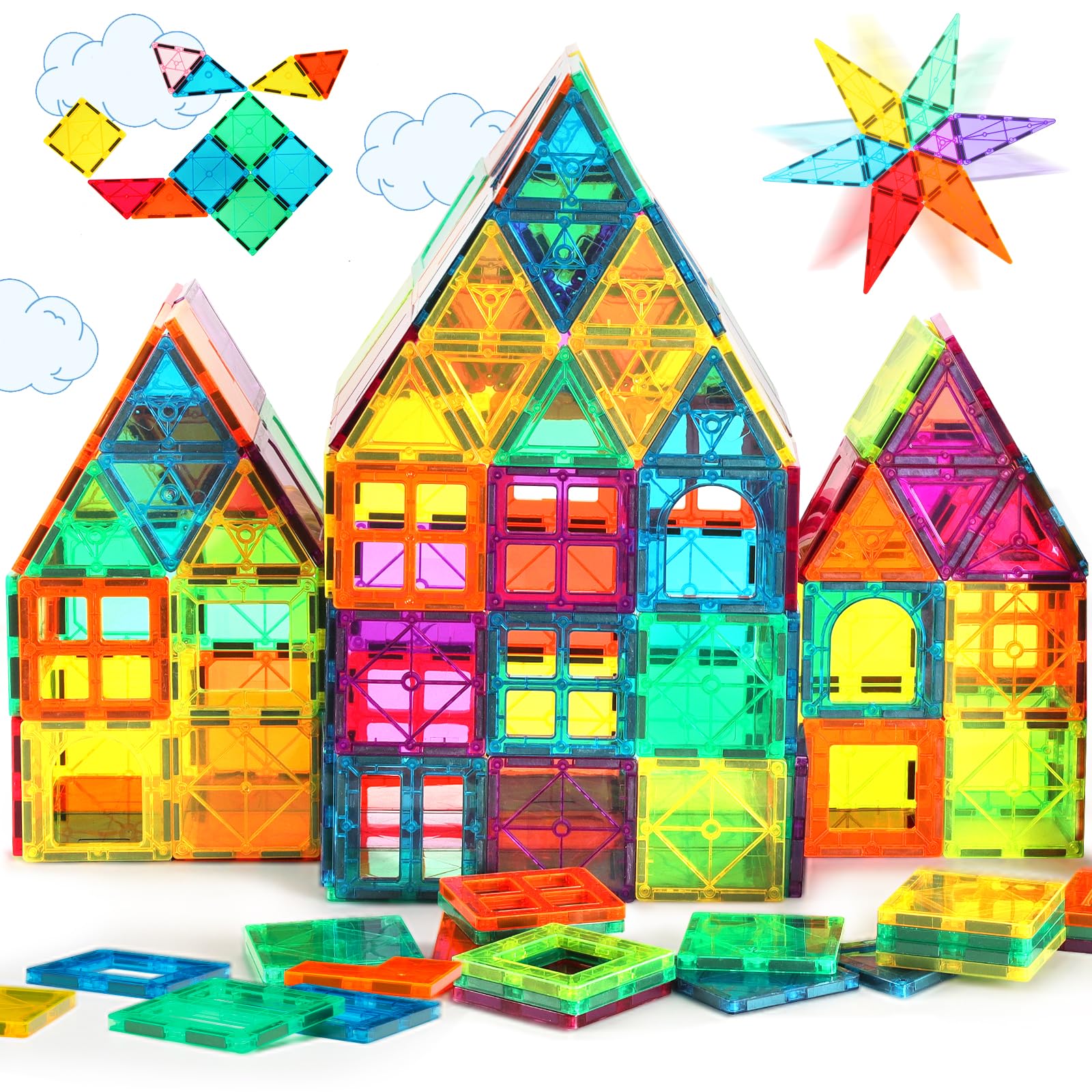 CuteTiger Magnetic Tiles, Magnet Tiles, Magnetic Building Blocks, Square Building Castle, Preschool Toys, STEM Stacking Construction Toys for Boys Girls 3 Years up