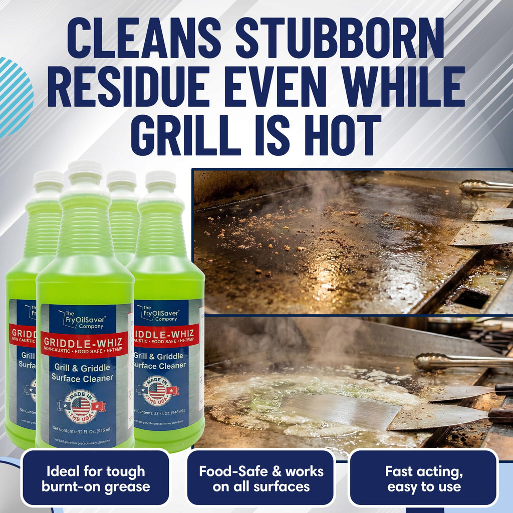 Griddle-Whiz Grill & Griddle Cleaner (4-Pack) | Removes Grease, Food Residue, Burnt On Organics | High Heat Flat Top Grill Cleaner, Food Contact Surface | Non-Caustic Formula by FryOilSaver (32oz)