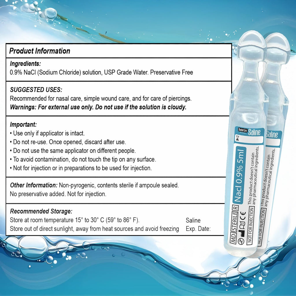 Saline Ampoules - Saline Solution, Sodium Chloride 0.9%, Nasal Cleanse for Babies, Kids, & Adults, Sterile Nasal Care, Wound Cleansing - 50 Count (5ml Each)