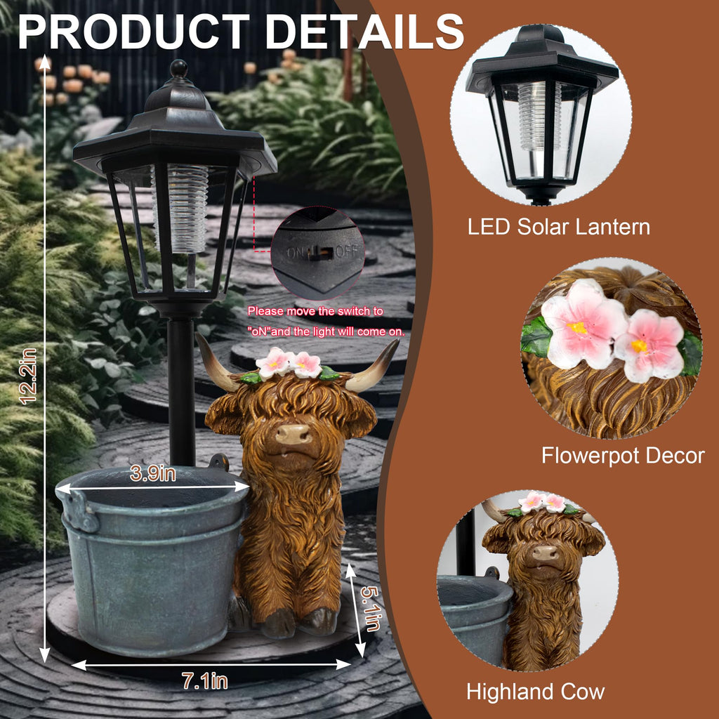 Muzzysse Highland Cow Statues Outdoor Solar Sculptures with Solar Lights and Flowerpot Funny Garden Decor Animal Figurines Resin Outdoor Statues for Patio Yard Lawn Balcony Grandma Mom Gifts