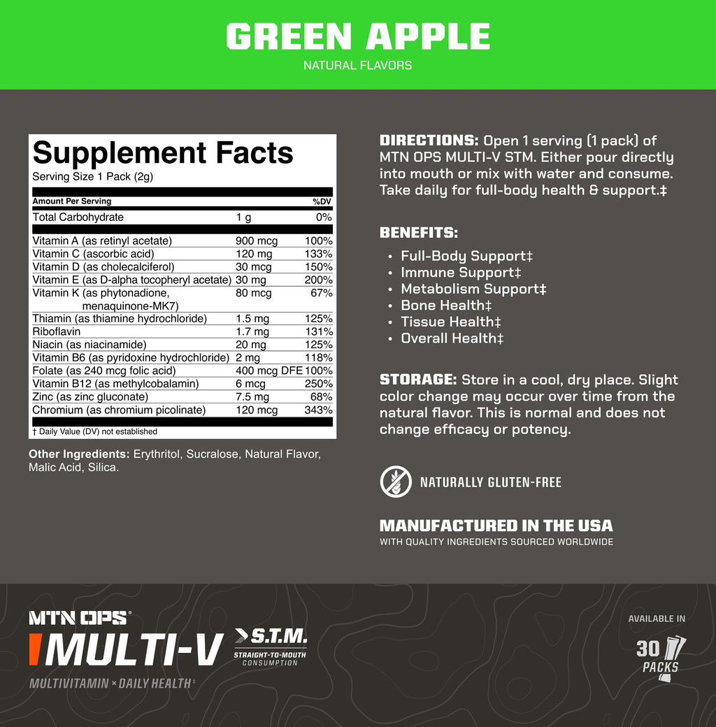 MTN OPS Multi‑V STM On‑the‑Go Daily Multivitamin for Men, Women & Kids – Straight‑to‑Mouth Vitamin C D3 B Zinc Packs – Gluten Free, Natural Flavors, 30 Servings
