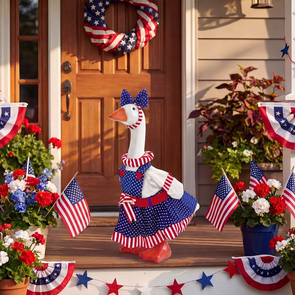 Woaoce 4th of July Porch Goose Outfits with Stars & Stripes, Patriotic Red White Blue Costume for 23 Inch Porch Statue, USA 250th Anniversary Outdoor Lawn Garden Decor