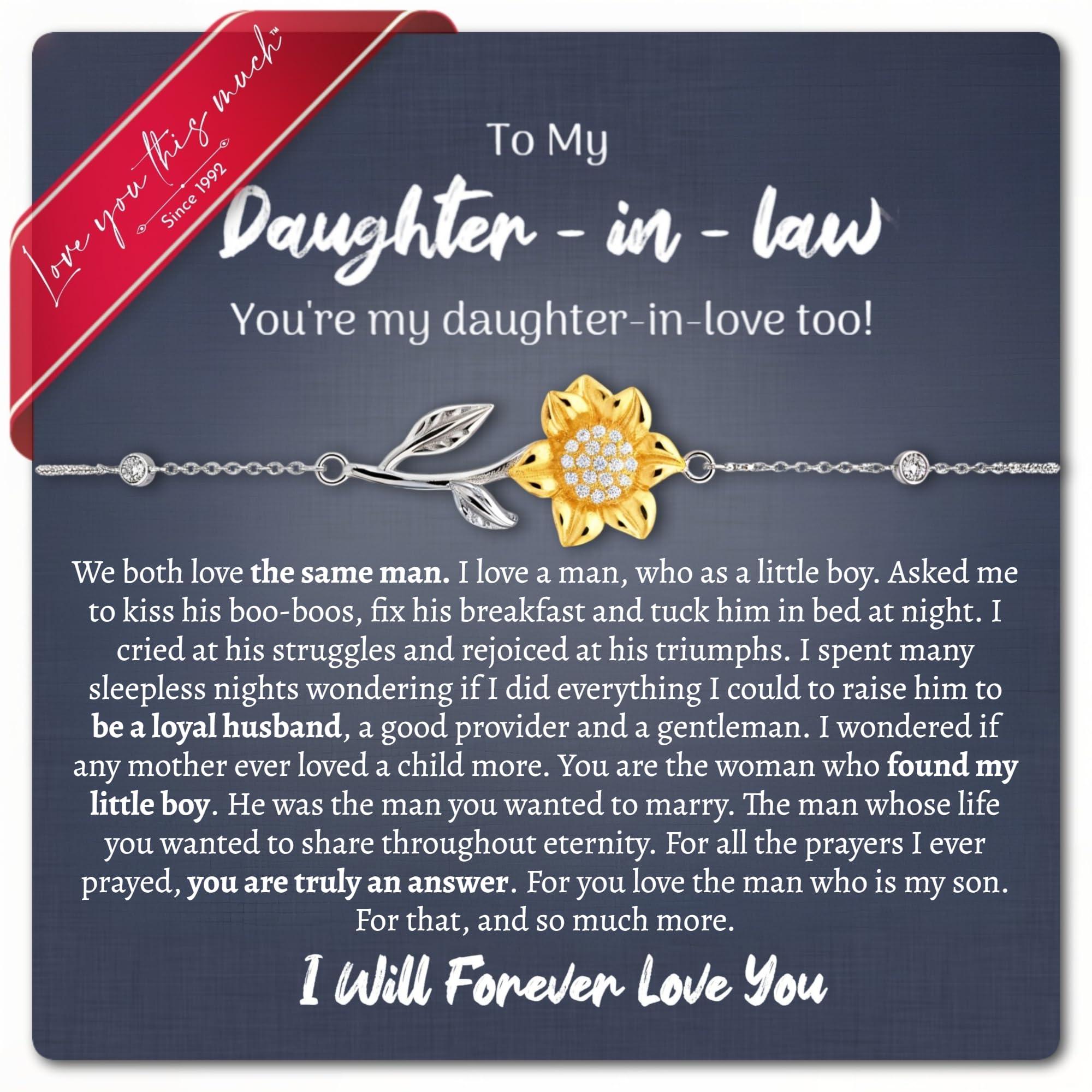 Love You This Much To My Daughter In Law 18k Gold Plated Sunflower Bracelet| Future Daughter in Law Birthday Gifts from Mother in Law | 6-7.5" Adjustable | Luxury Gift Box (Sunflower Bracelet)