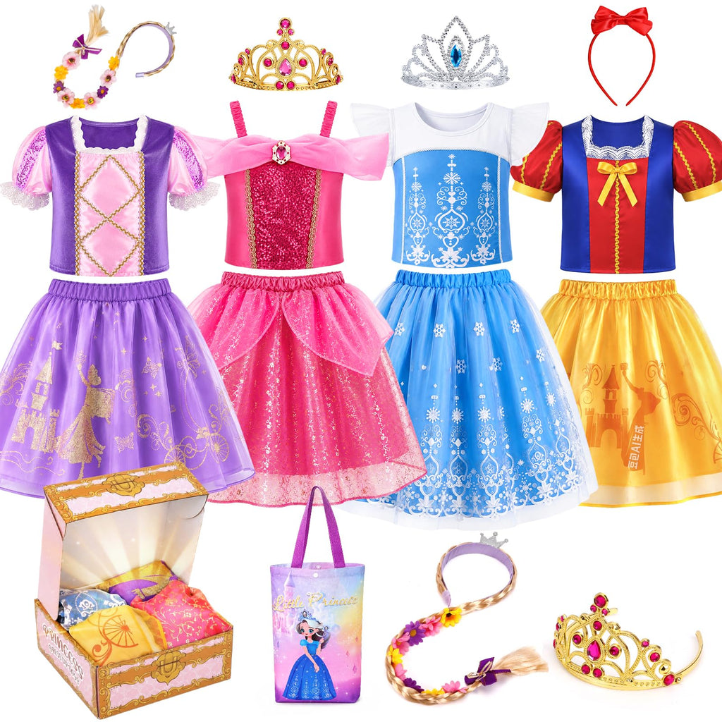 Meland Princess Dress Up Costume Set for Girls 3-8, 4 Complete Outfits with Accessories, Princess Role Play Toy Gift for Birthday & Christmas