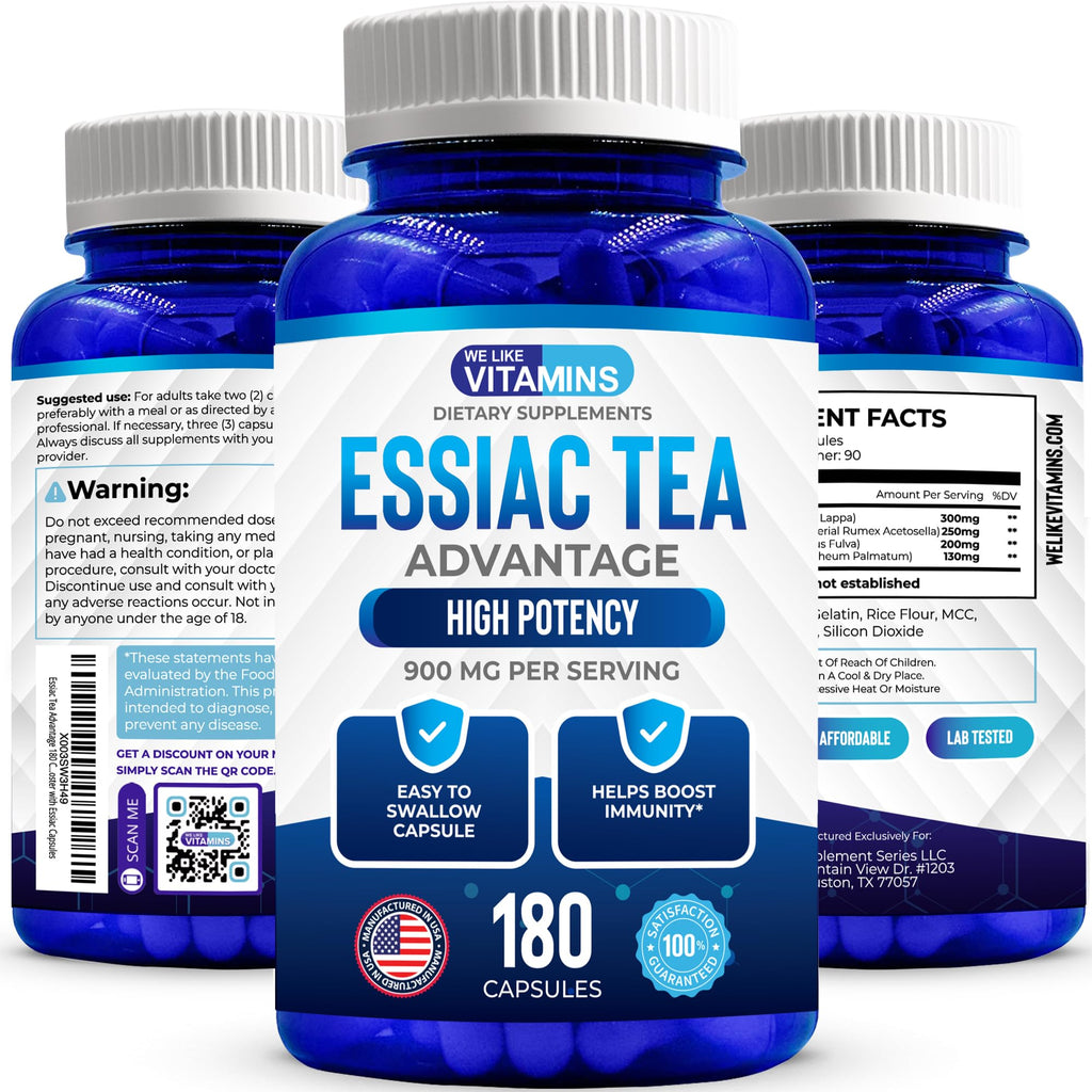 We Like Vitamins Essiac Tea Capsules - 180 Count Immune Support Supplement with Burdock, Sheep Sorrel, Slippery Elm & Turkey Rhubarb - Genuine Essiac Tea 900mg Daily Dose