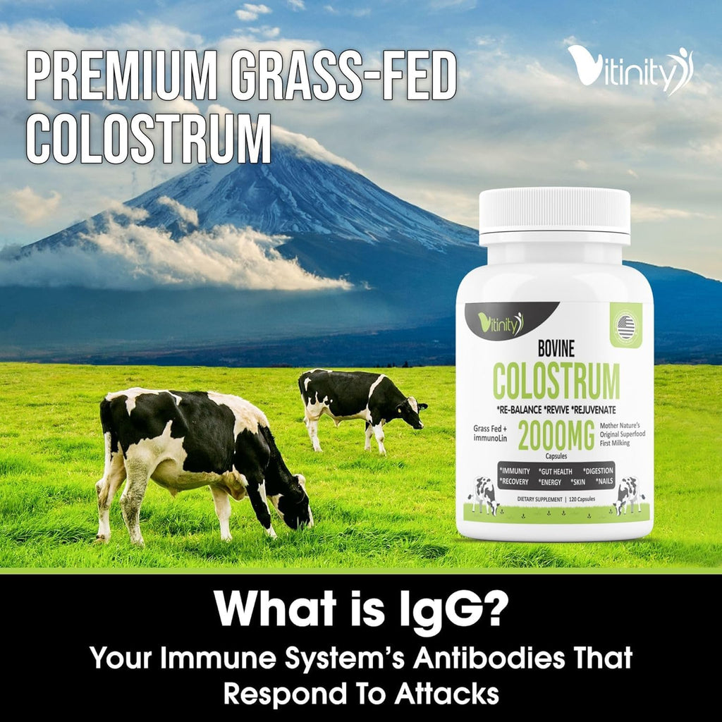 VITINITY Grass Fed Bovine Colostrum Capsules for Humans - Natural IgG Colostrum Supplement for Gut Health, Immune Support, Muscle Recovery & Wellness | Pure Colostrum Superfood, Unflavored (120 Count)