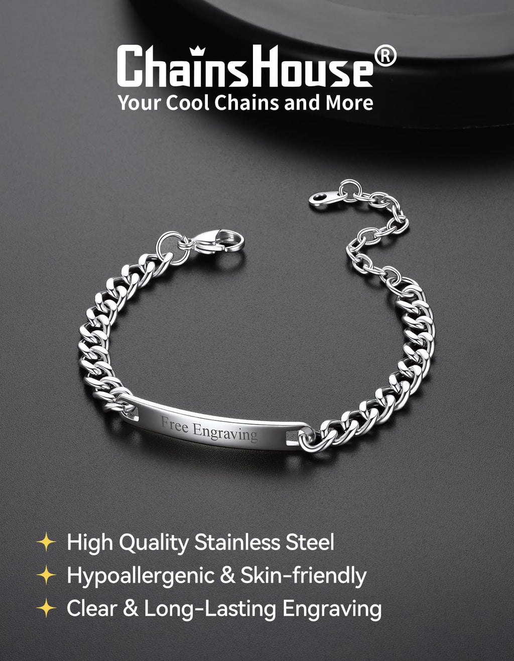 ChainsHouse Custom Name ID Bracelet Stainless Steel Cuban Chain Gift Women Personalized Engrave Bracelets for Men 7mm