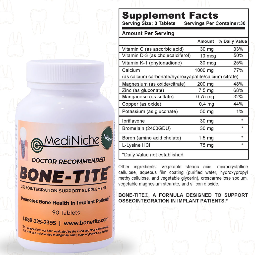 MediNiche Bone-Tite Osseointegration Support Supplement I Key Vitamins, Minerals, and Nutrients to Promote Dental Implant Support | 90 Tablets | Pack of 1
