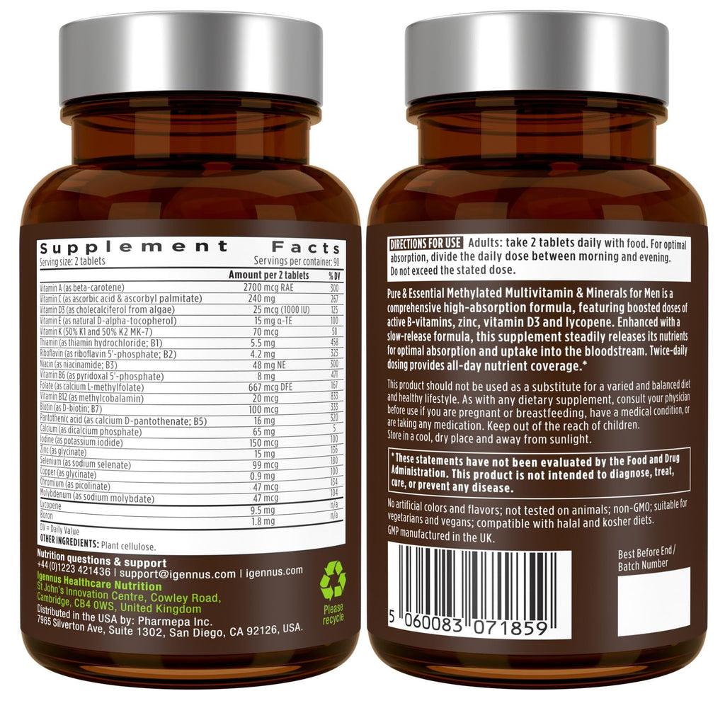 Igennus Methylated Men's Multivitamin with 22 Actives, Added Lycopene for Antioxidant Support, High Potency B12, Sustained Release, Pure & Clean, Non-GMO & Halal, 180 Tablets